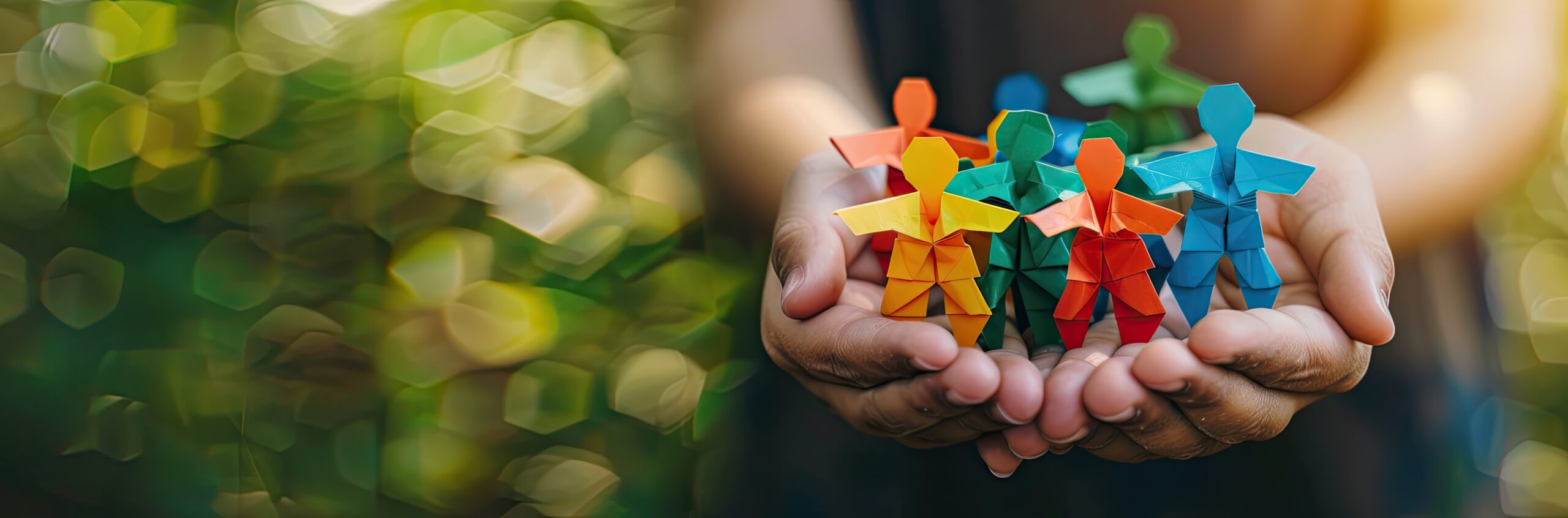 A person holding colorful paper people in their hands, symbolizing community support and care for those living with mental health.